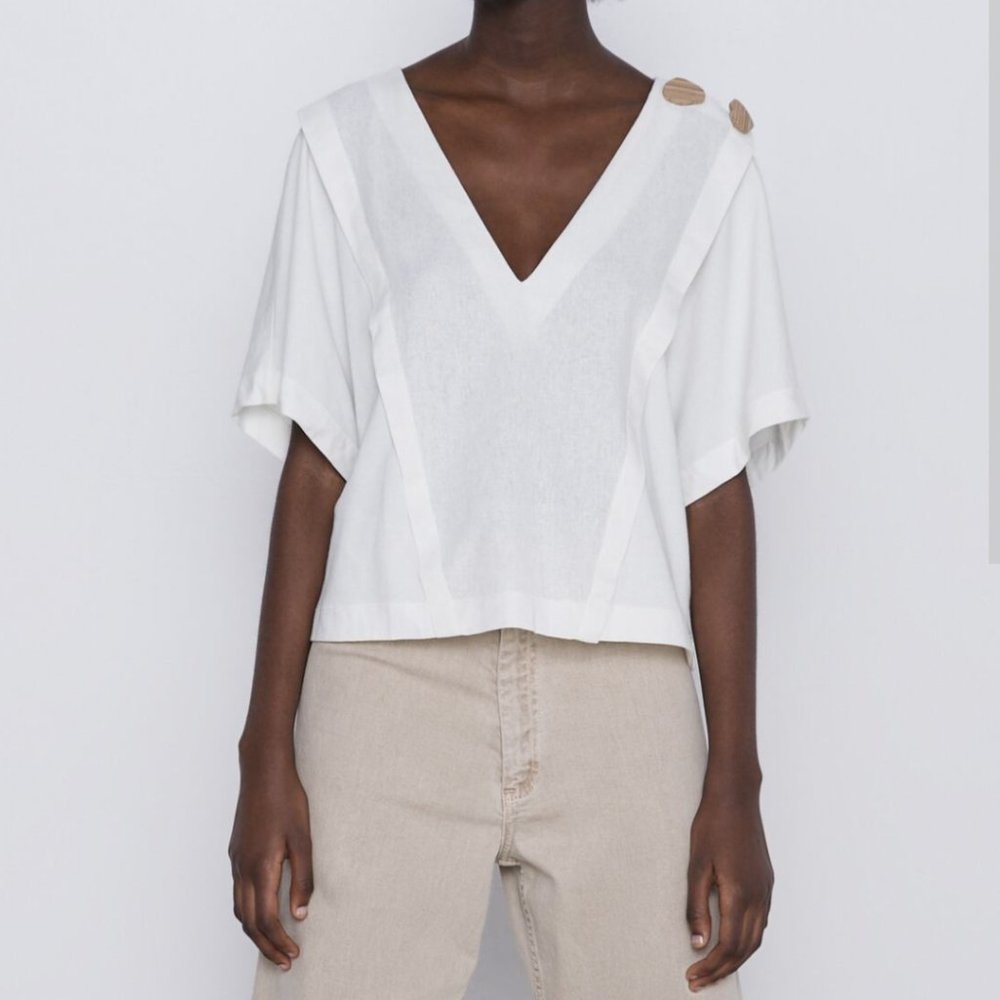 NWT ZARA ECRU WOODEN BUTTON LINEN BLEND TOP SIZE M